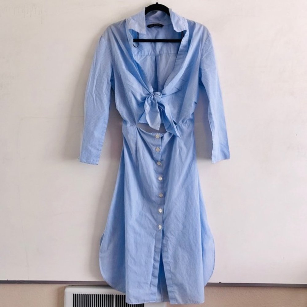 Zara Poplin Dress Tie Front Striped Blogger Fav M - Picture 8 of 13
